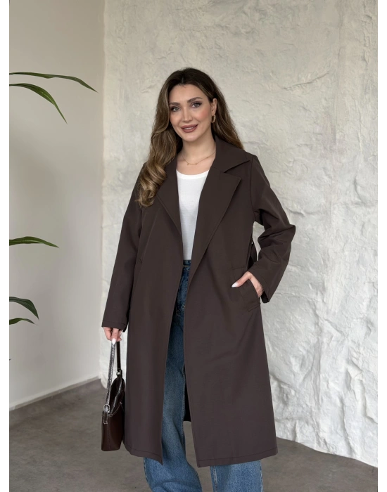 Uzun torino kumaş düğmesiz trençkot acı kahve