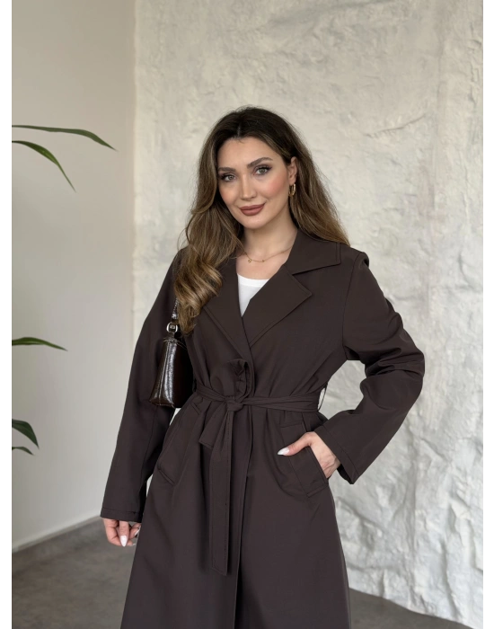 Uzun torino kumaş düğmesiz trençkot acı kahve