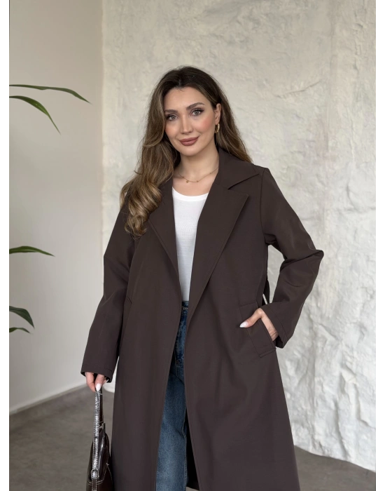 Uzun torino kumaş düğmesiz trençkot acı kahve