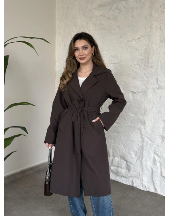 Uzun torino kumaş düğmesiz trençkot acı kahve