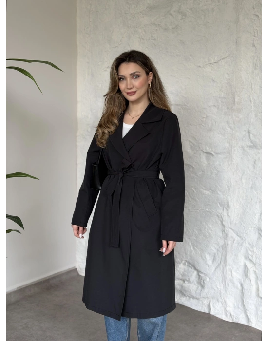 Uzun torino kumaş düğmesiz trençkot siyah