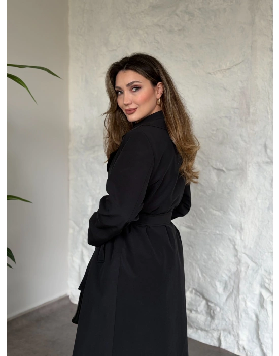 Uzun torino kumaş düğmesiz trençkot siyah