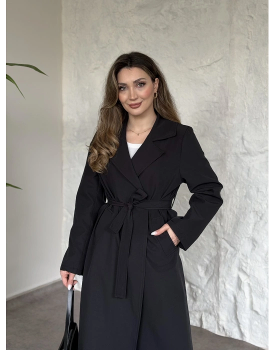 Uzun torino kumaş düğmesiz trençkot siyah