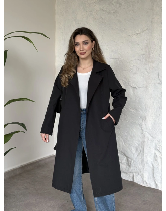 Uzun torino kumaş düğmesiz trençkot siyah