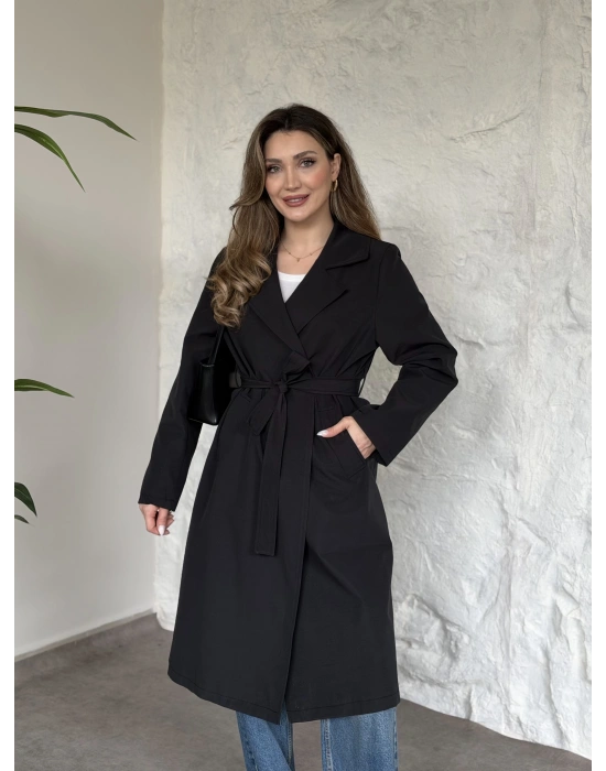 Uzun torino kumaş düğmesiz trençkot siyah