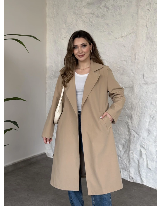 Uzun torino kumaş düğmesiz trençkot bej