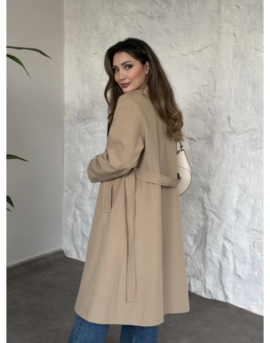 Uzun torino kumaş düğmesiz trençkot bej