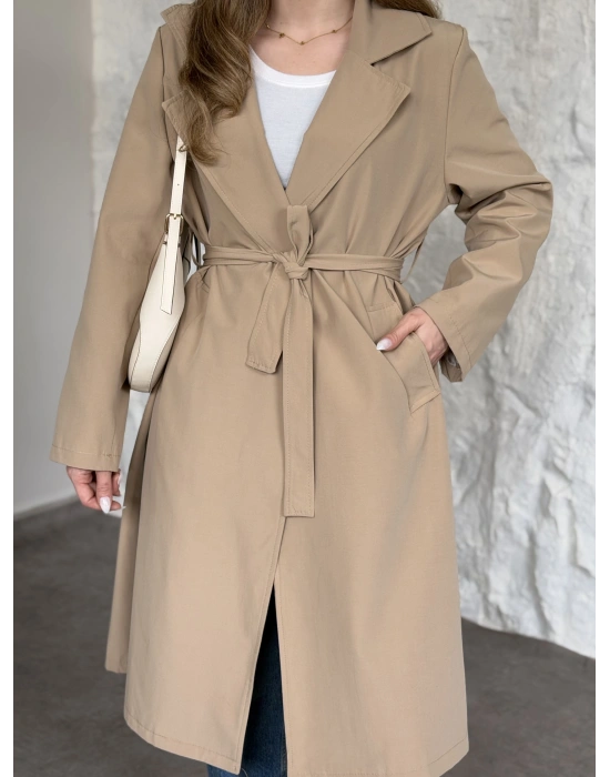 Uzun torino kumaş düğmesiz trençkot bej