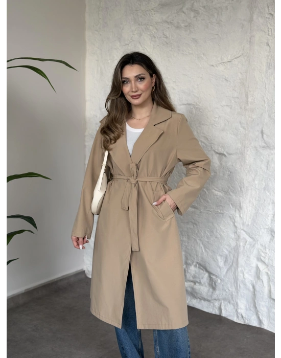Uzun torino kumaş düğmesiz trençkot bej