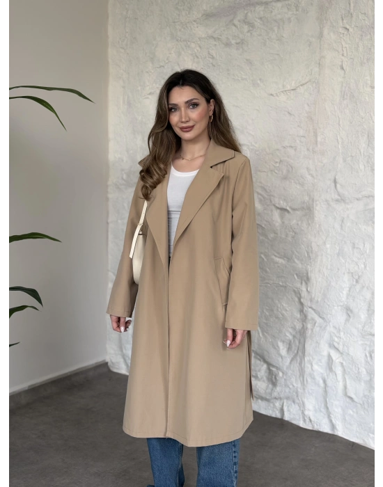 Uzun torino kumaş düğmesiz trençkot bej
