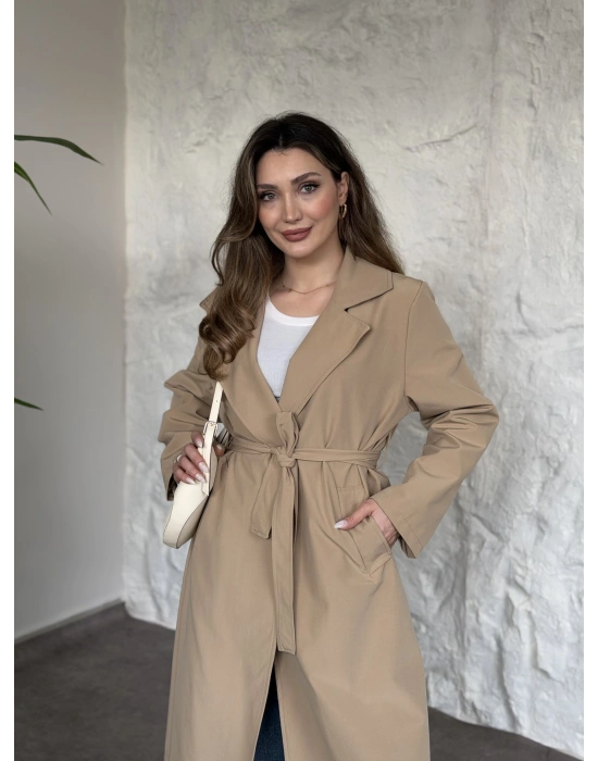 Uzun torino kumaş düğmesiz trençkot bej