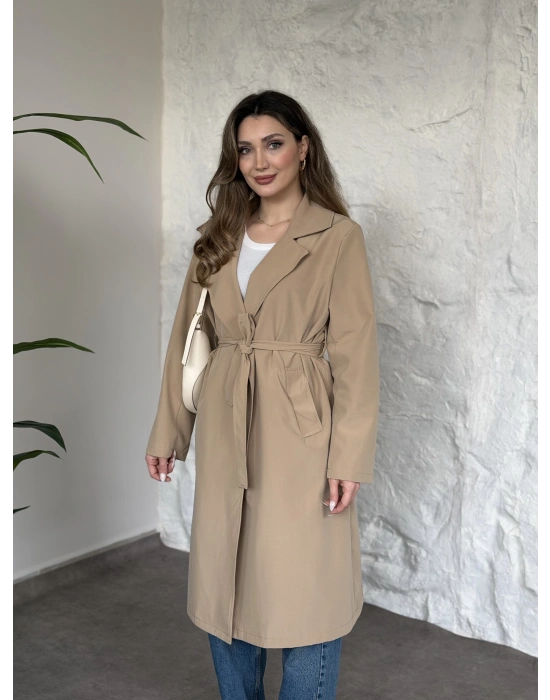 Uzun torino kumaş düğmesiz trençkot bej
