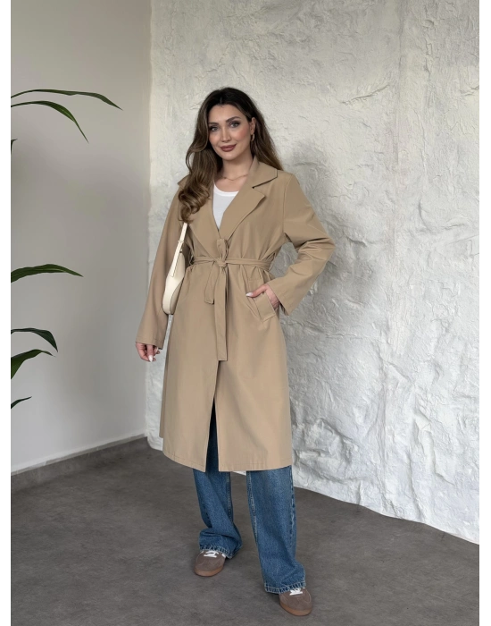 Uzun torino kumaş düğmesiz trençkot bej