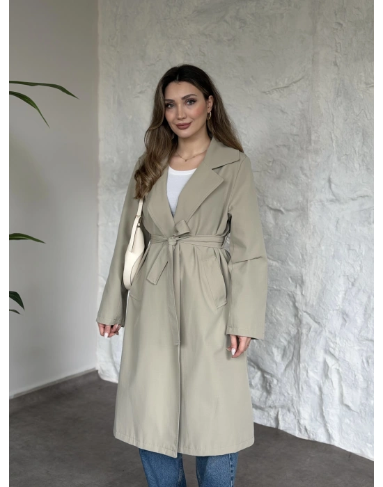 Uzun torino kumaş düğmesiz trençkot yeşil