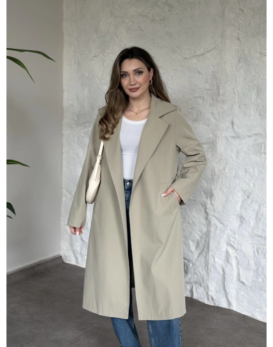 Uzun torino kumaş düğmesiz trençkot yeşil