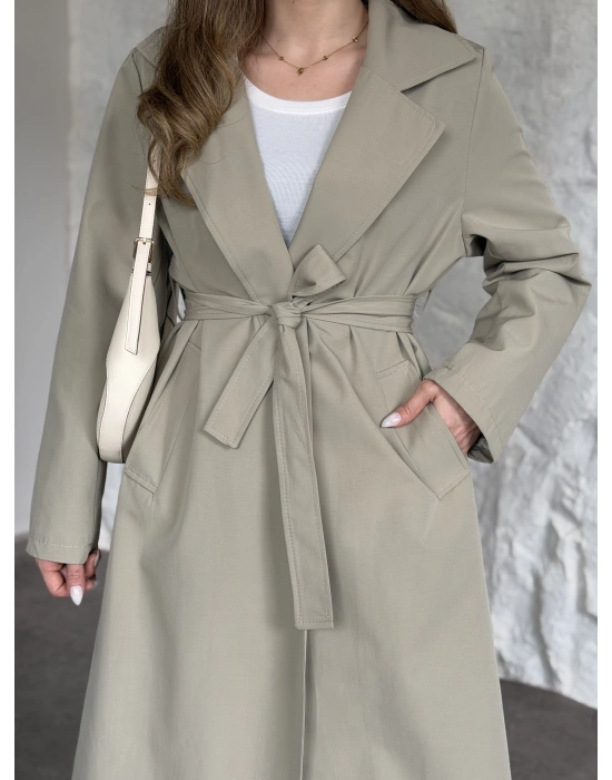 Uzun torino kumaş düğmesiz trençkot yeşil