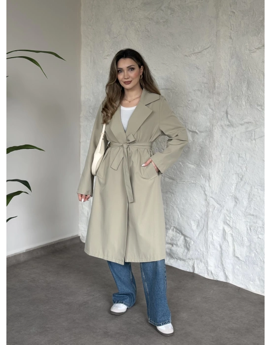 Uzun torino kumaş düğmesiz trençkot yeşil