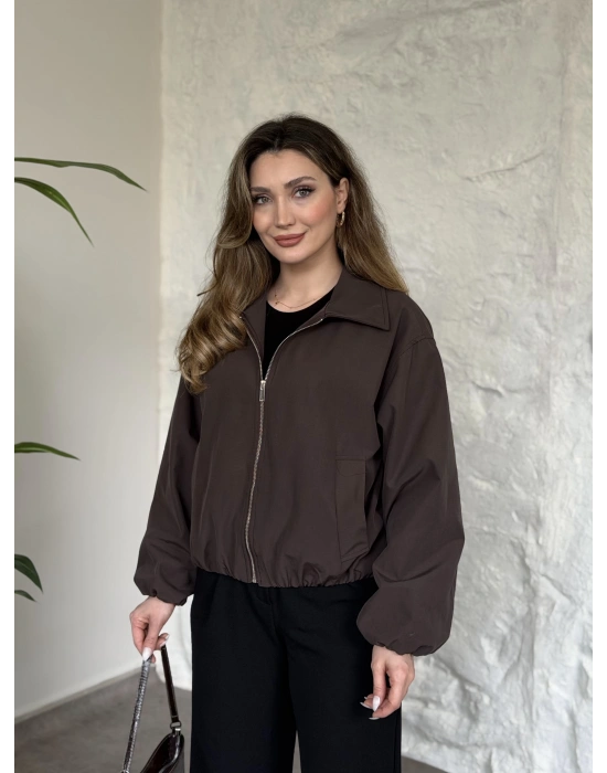 Torino kumaş beli lastikli fermuarlı ceket acı kahve