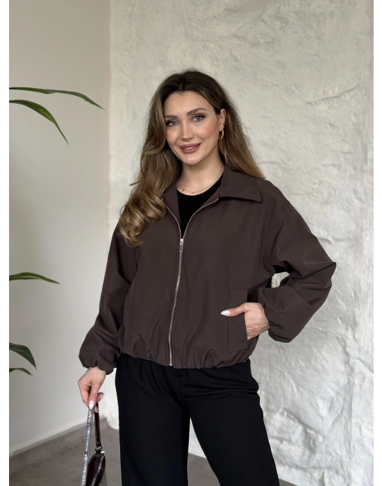 Torino kumaş beli lastikli fermuarlı ceket acı kahve