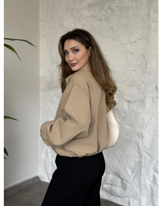 Torino kumaş beli lastikli fermuarlı ceket bej