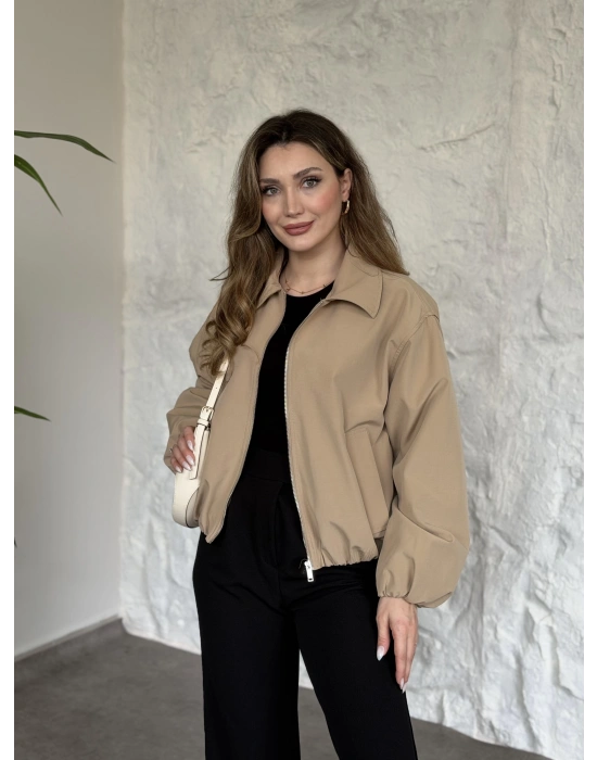 Torino kumaş beli lastikli fermuarlı ceket bej