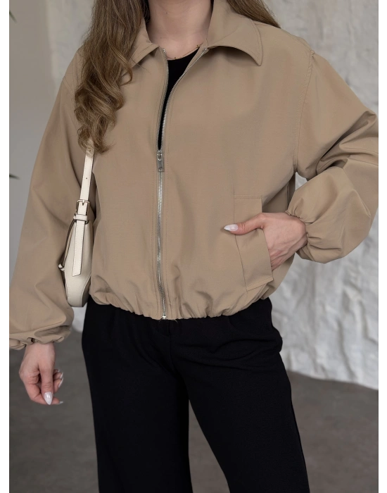 Torino kumaş beli lastikli fermuarlı ceket bej