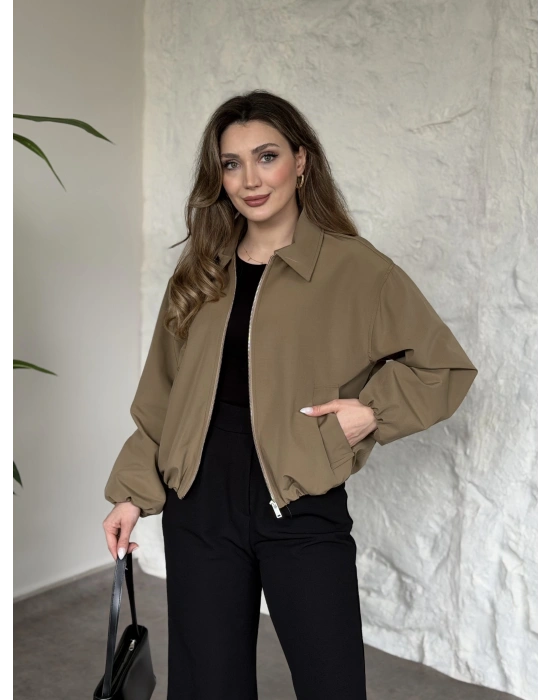 Torino kumaş beli lastikli fermuarlı ceket yeşil