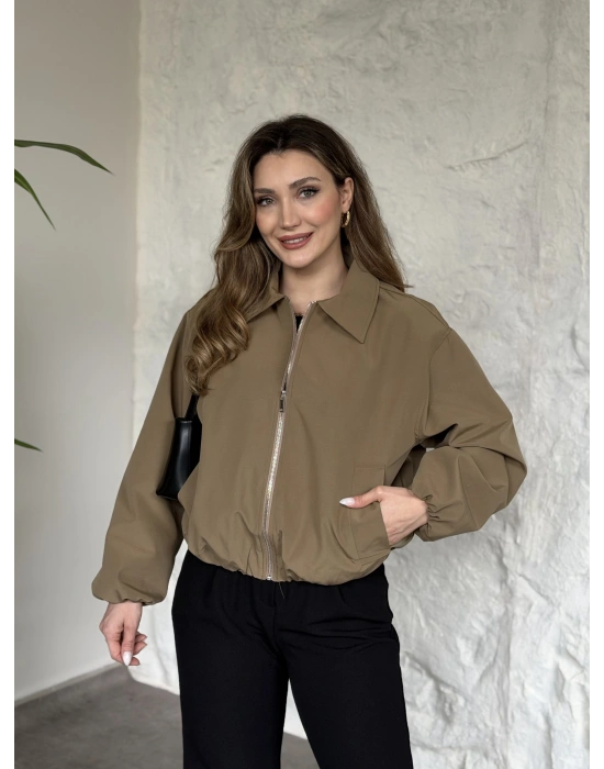 Torino kumaş beli lastikli fermuarlı ceket yeşil