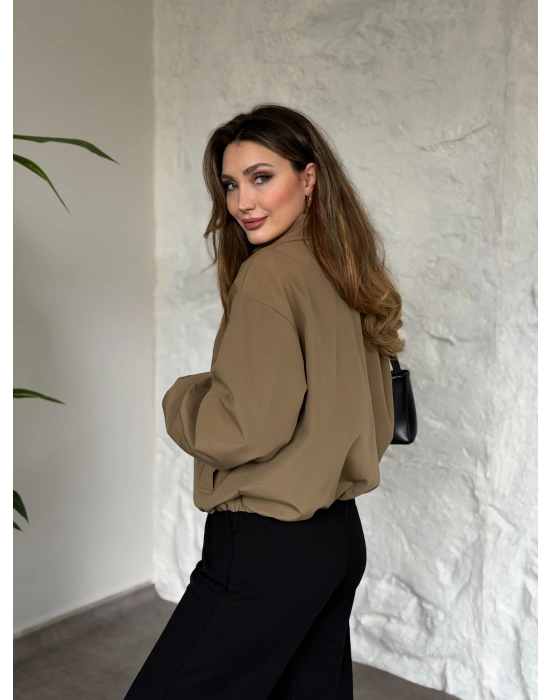 Torino kumaş beli lastikli fermuarlı ceket yeşil