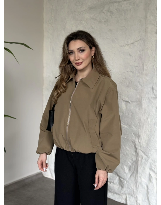 Torino kumaş beli lastikli fermuarlı ceket yeşil