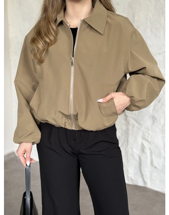 Torino kumaş beli lastikli fermuarlı ceket yeşil