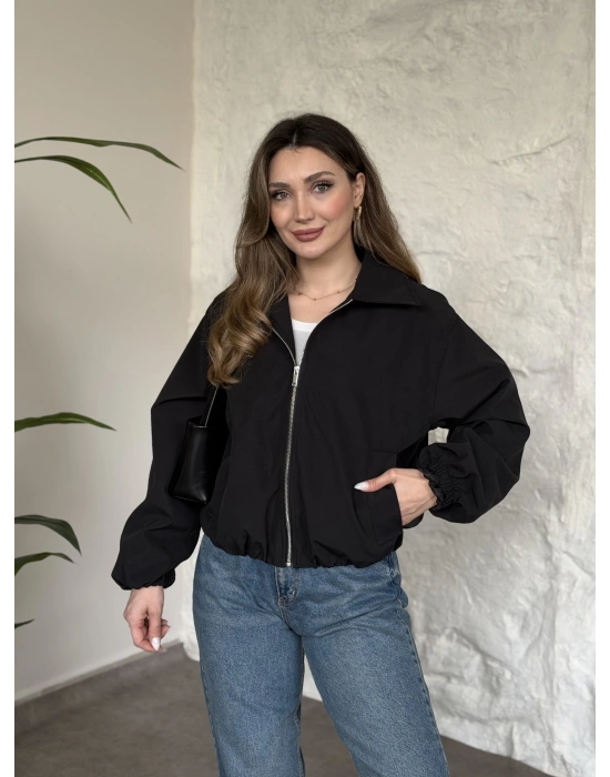 Torino kumaş beli lastikli fermuarlı ceket siyah