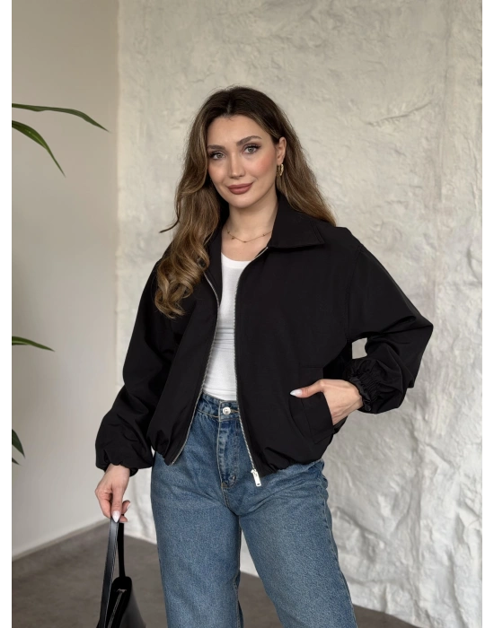 Torino kumaş beli lastikli fermuarlı ceket siyah