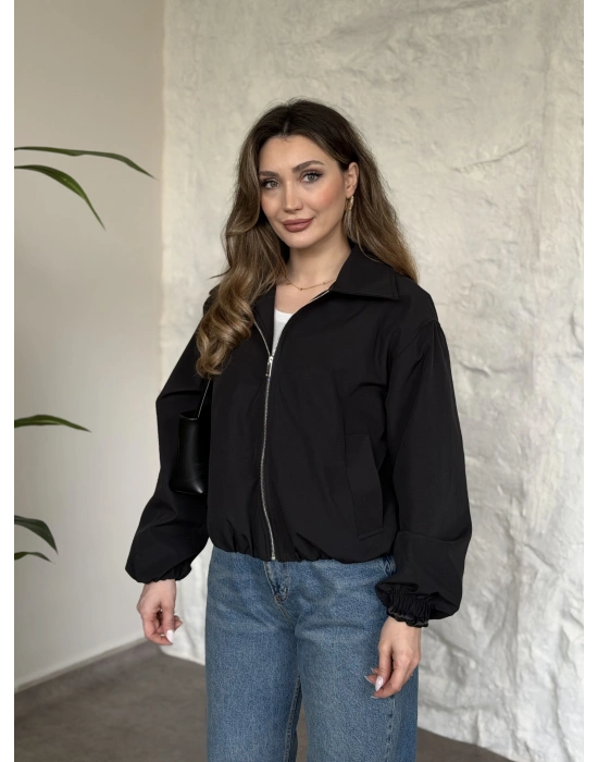 Torino kumaş beli lastikli fermuarlı ceket siyah