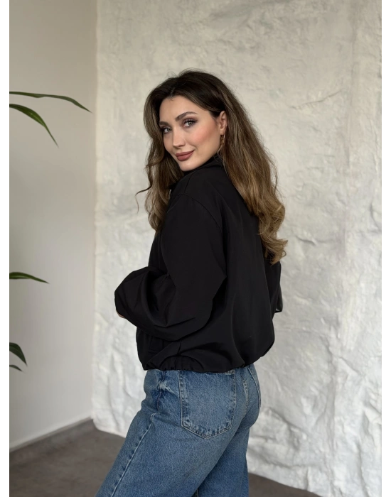 Torino kumaş beli lastikli fermuarlı ceket siyah