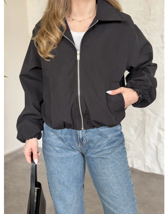 Torino kumaş beli lastikli fermuarlı ceket siyah