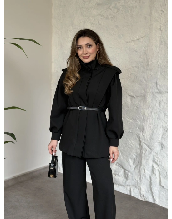 Boğazlı omuzu apoletli gizli düğmeli kemerli takım siyah