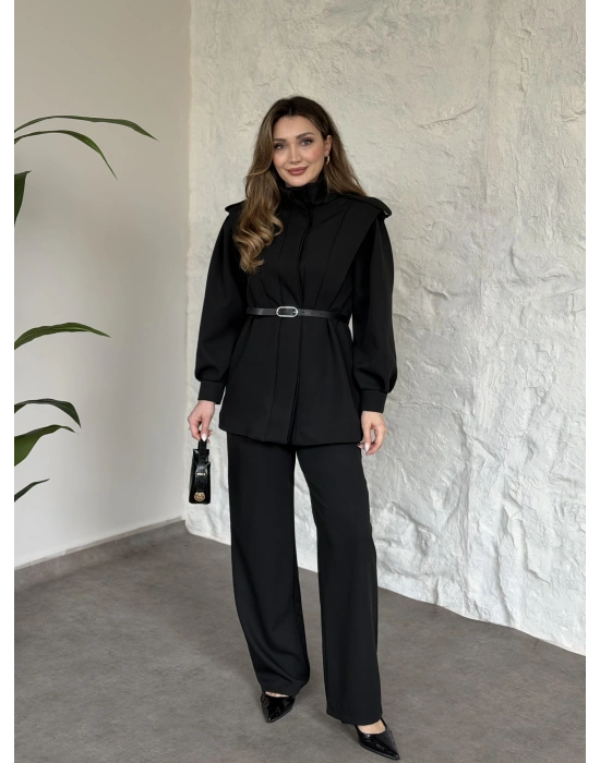 Boğazlı omuzu apoletli gizli düğmeli kemerli takım siyah