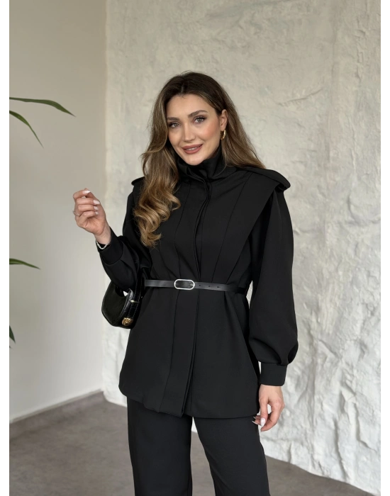 Boğazlı omuzu apoletli gizli düğmeli kemerli takım siyah