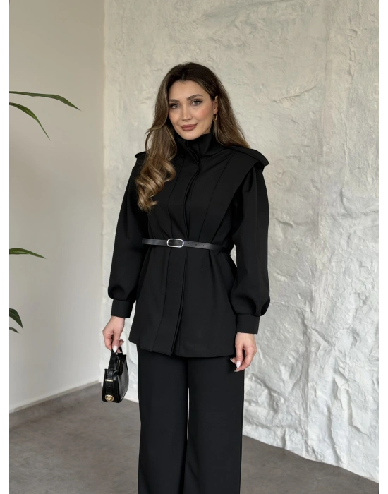 Boğazlı omuzu apoletli gizli düğmeli kemerli takım siyah