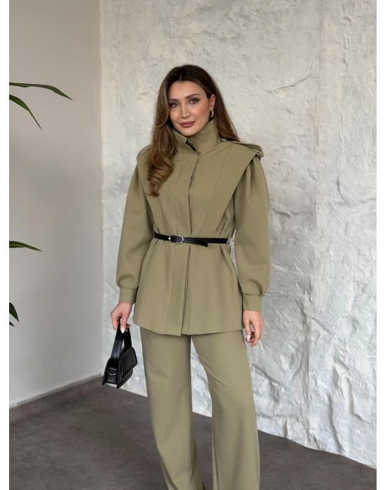 Boğazlı omuzu apoletli gizli düğmeli kemerli takım yeşil