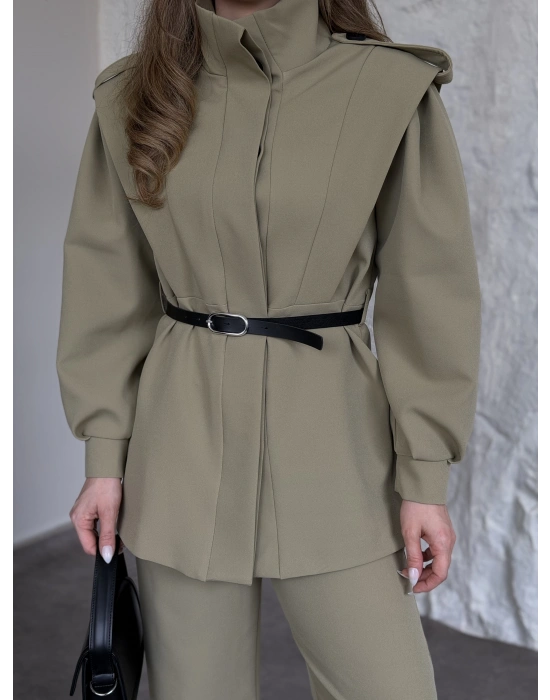 Boğazlı omuzu apoletli gizli düğmeli kemerli takım yeşil