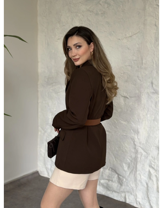 Beli kemer detaylı blazer ceket acı kahve