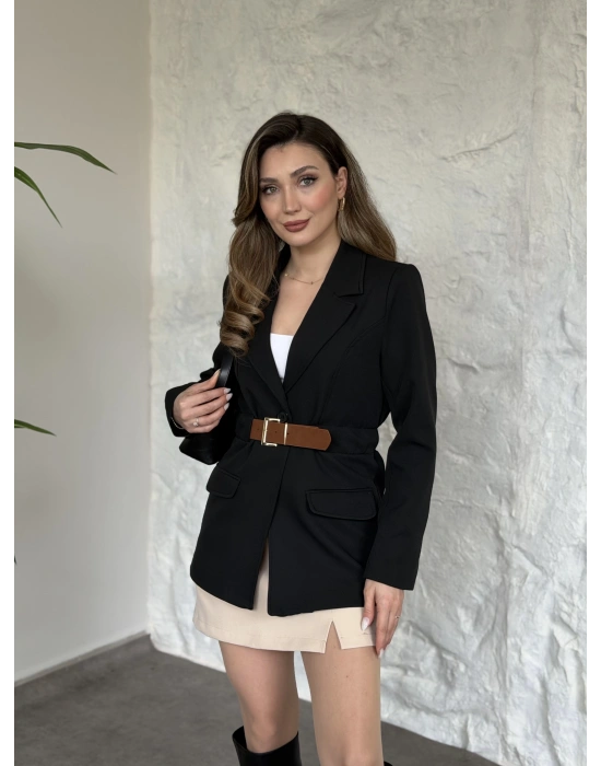 Beli kemer detaylı blazer ceket siyah