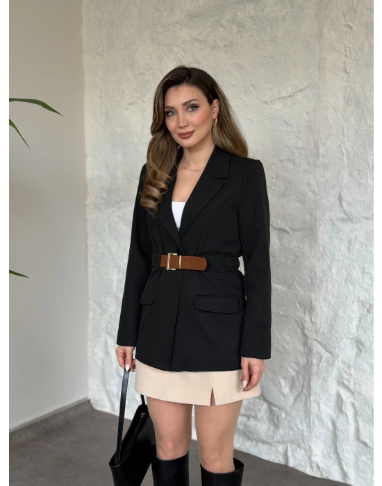 Beli kemer detaylı blazer ceket siyah