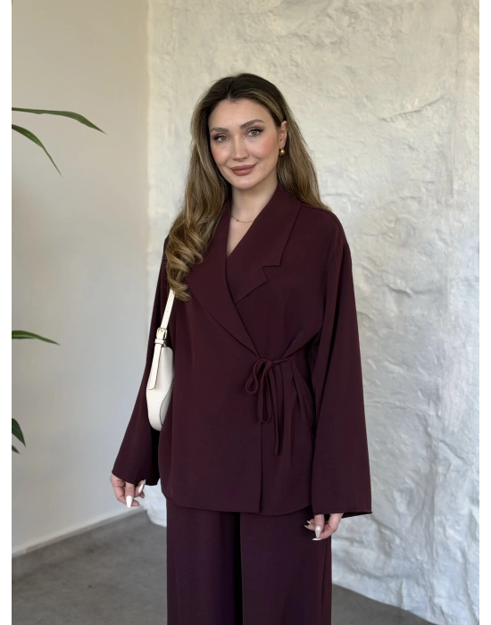 Premium viskon keten yandan bağlamalı takım bordo