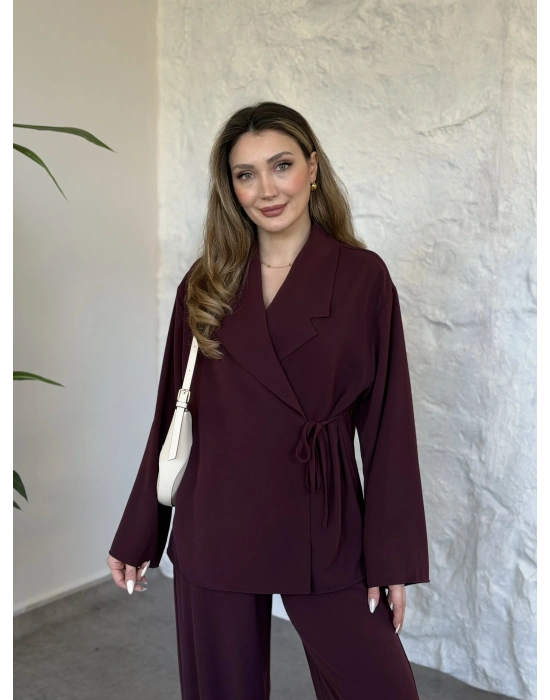 Premium viskon keten yandan bağlamalı takım bordo