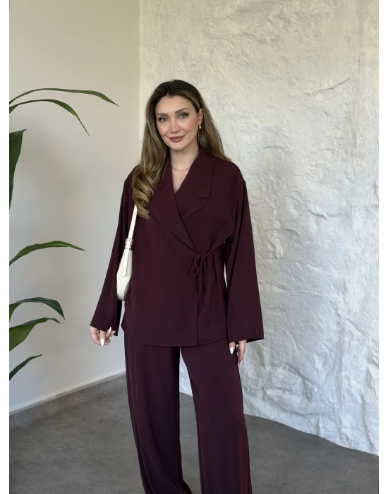 Premium viskon keten yandan bağlamalı takım bordo