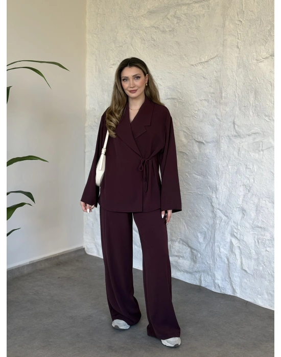Premium viskon keten yandan bağlamalı takım bordo