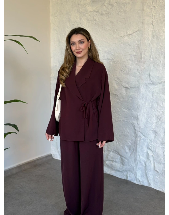 Premium viskon keten yandan bağlamalı takım bordo